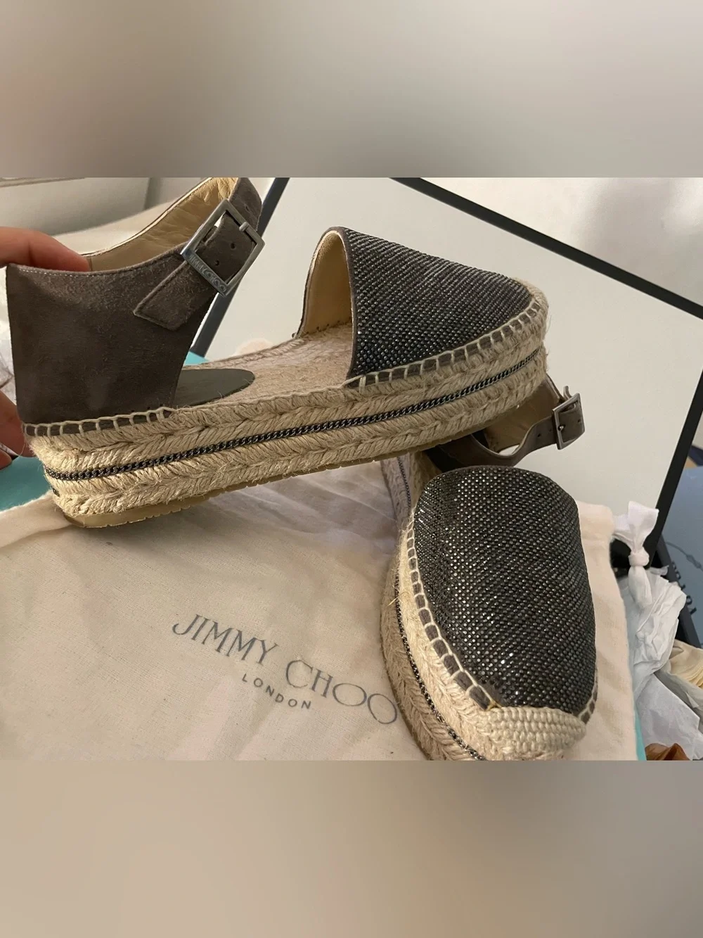Jimmy Choo Olive Green Suede Delphine Ankle Strap Espadrille Platform Sandals